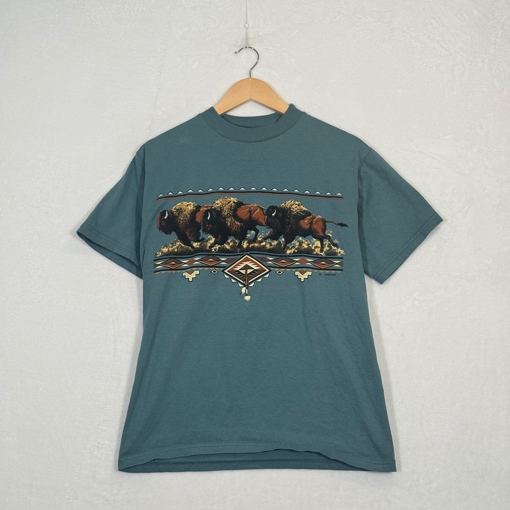Vintage 90s AOP Tultex Teal Buffalo Two Sided Graphic T-Shirt Size Medium